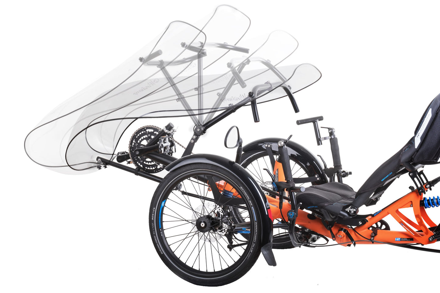 Wetterschutz T-Cycle Frontverkleidung WINTR montiert am Liegedreirad HP Velotechnik Scorpion mit verschiedenen Einstellungen