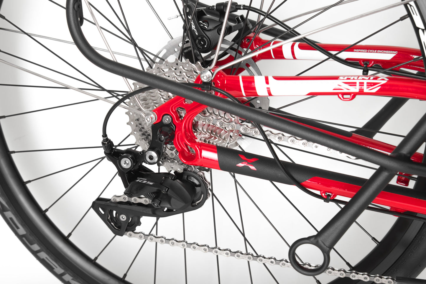 Sprint X passion red Schaltwerk und Kassette Shimano