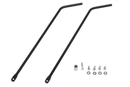 Befestigungsstreben für ICE Gepäckträger ungefedert, passend für ICE Sprint X, Adventure und Adventure HD mit 26 Zoll Hinterrad. Ansicht diagonal mit Montagematerial.