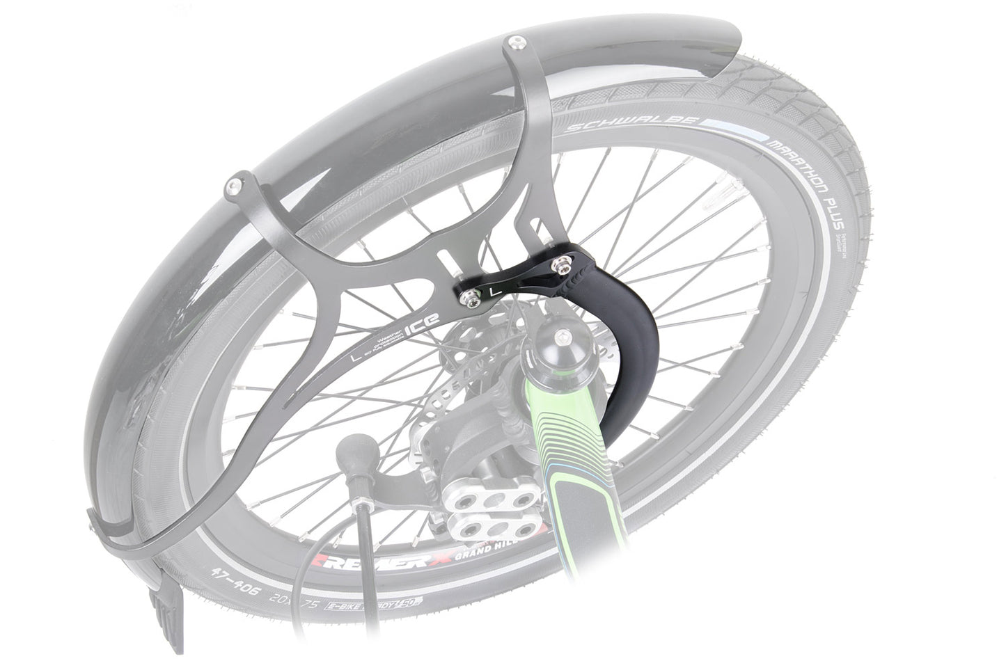 Vorderradschutzblech mit Befestigung für gefederte ICE Vorderräder montiert am Liegedreirad