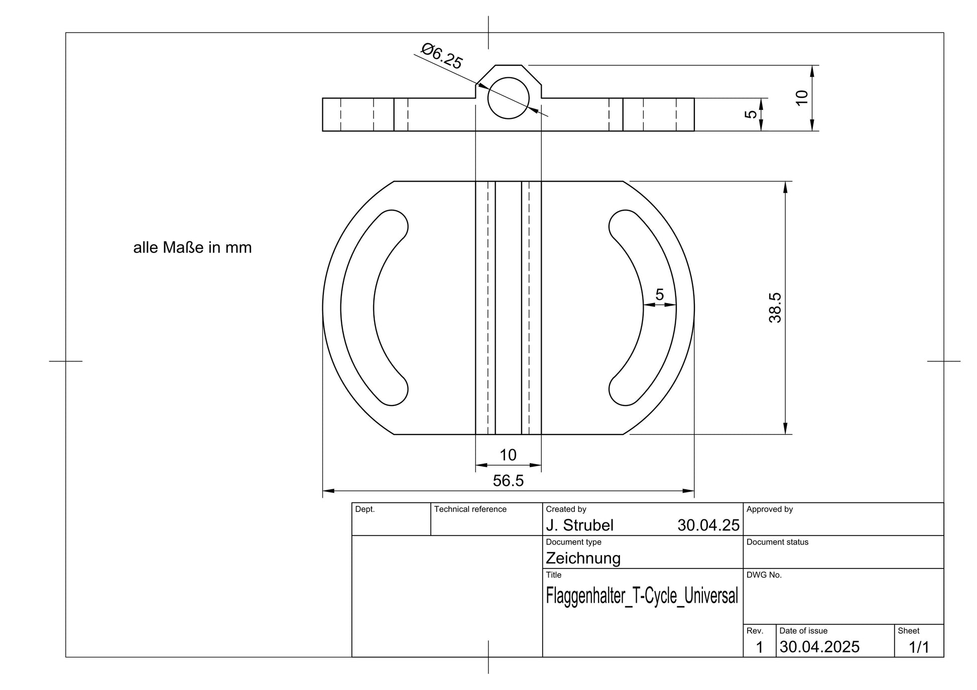 Technische Zeichnung mit Maßen vom Terracycle Flaggenhalter universal