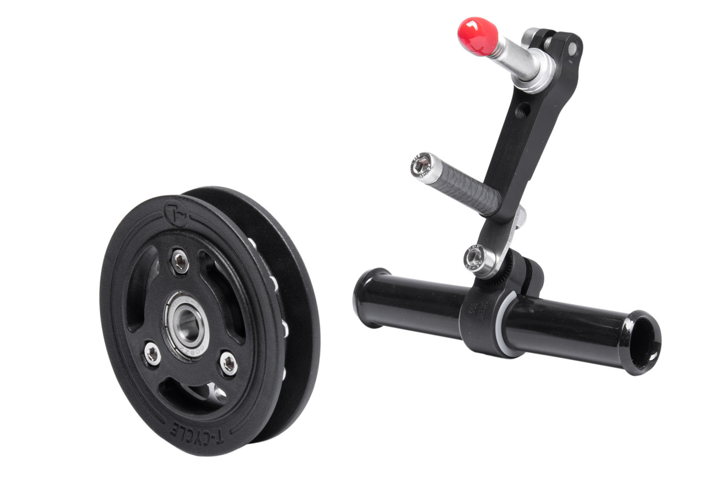 Kettenleitrollen Set für Optima Baron SPORT klein bestehend aus Antriebsrolle mit Titanritzel und keramischem Kugellager, klemmbarer Befestigungsarm, Kettenführung und schwebendes Kettenführungsrohr. Ansicht diagonal.