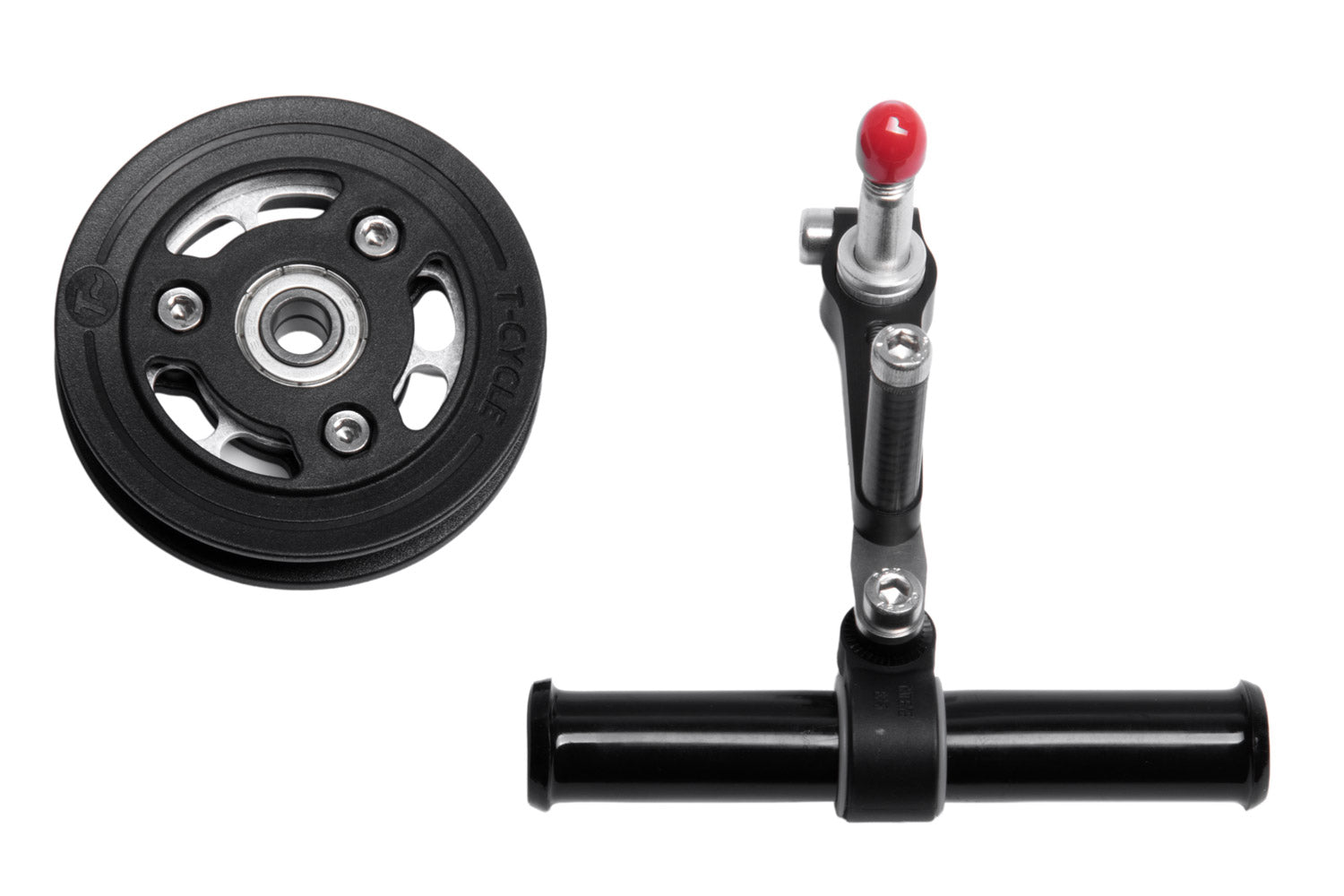 Kettenleitrollen Set für Optima Baron SPORT klein bestehend aus Antriebsrolle mit Titanritzel und keramischem Kugellager, klemmbarer Befestigungsarm, Kettenführung und schwebendes Kettenführungsrohr. Aufsicht von oben.