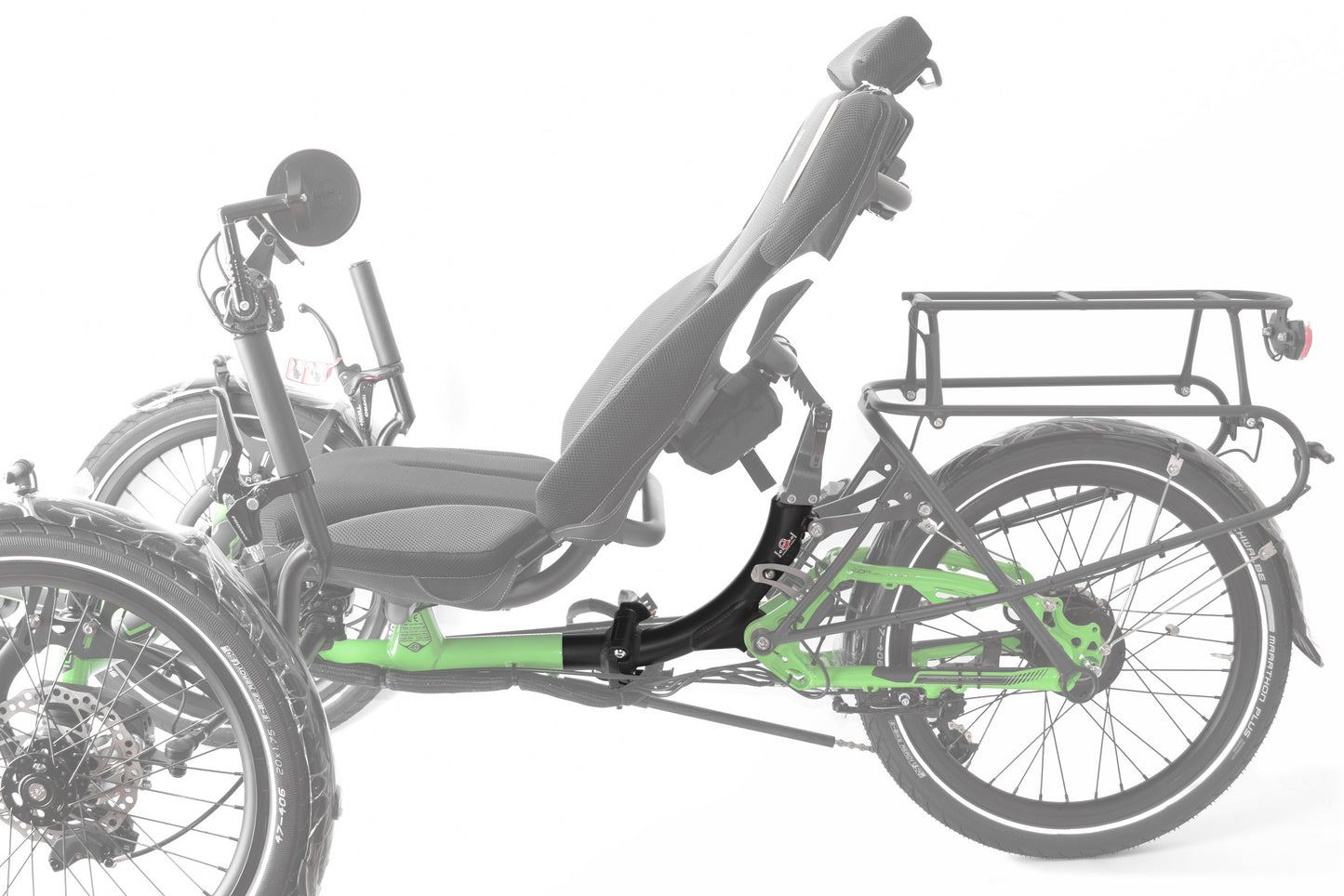 Rahmenrohr Hinterbau von ICE mit Faltgelenk und Aufnahme für Schwingenlagerung montiert im Liegedreirad ICE Adventure