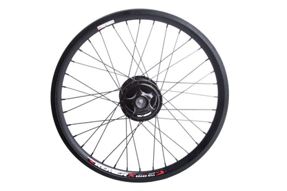 Vorderrad mit einseitiger Achsaufnahme für 70 mm Trommelbremse, Ansicht außen