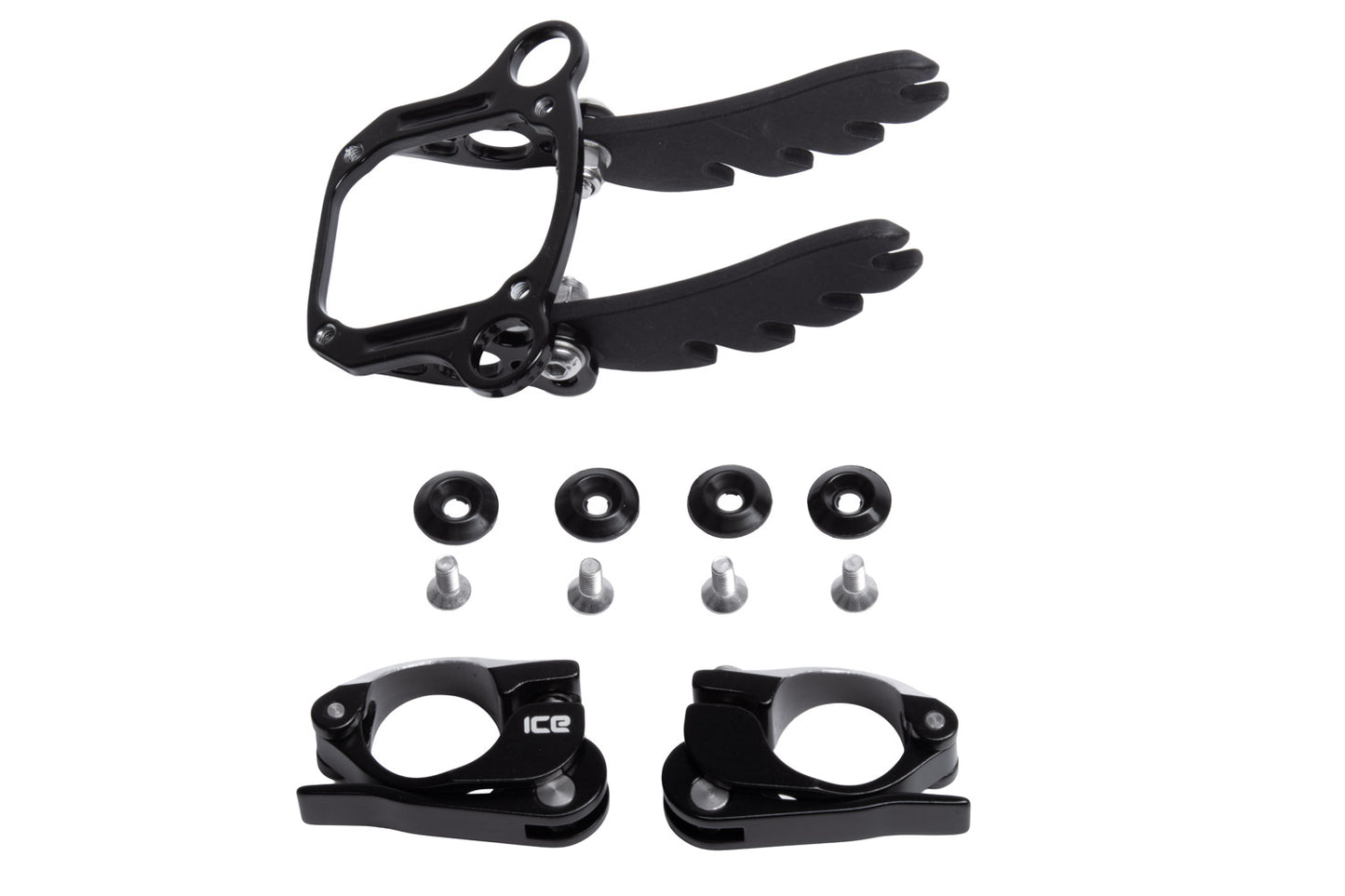 Sitzbefestigung für ICE Carbon Schalensitz im Liegedreirad ICE Sprint X, ICE Adventure oder ICE FullFat. Ansicht als  Flatlay komplett mit Montagematerial.