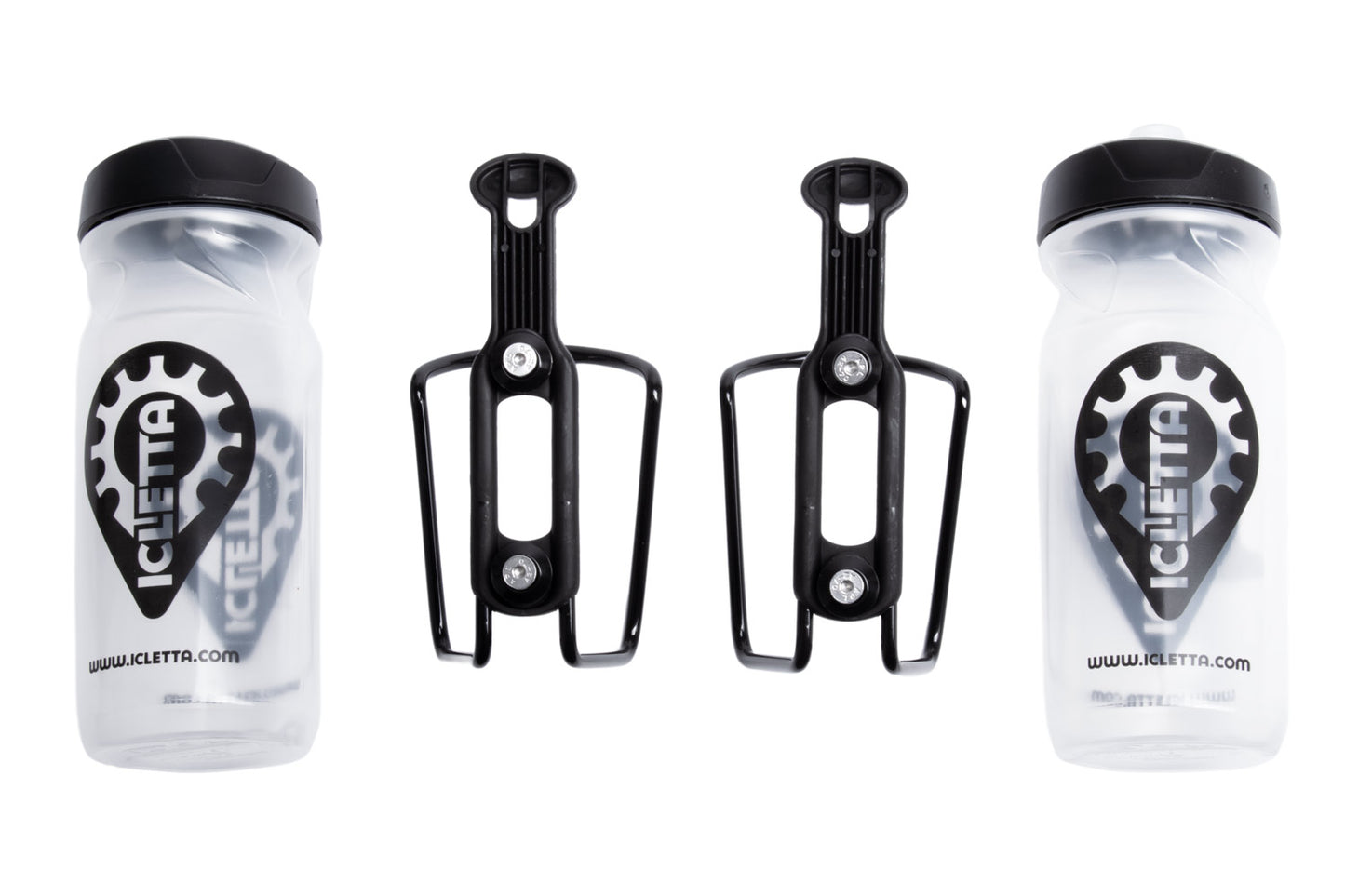 Zefal Trinkflaschen Set mit Halterung für Fahrrad oder Liegerad, Kompletteset mit zwei Haltern und Trinkflaschen mit ICLETTA Logo. Ansicht als Flatlay von oben.