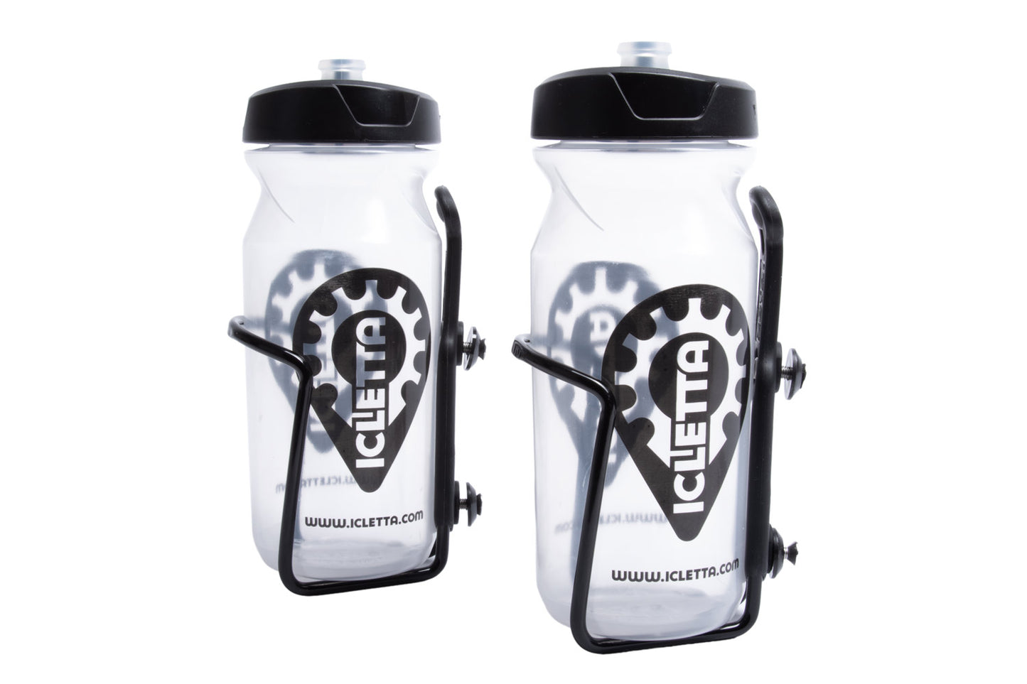 Zefal Trinkflaschen Set mit Halterung für Liegeräder, Kompletteset mit zwei Haltern und Trinkflaschen mit ICLETTA Logo. Ansicht komplett montiert zur Anbringung am Schalensitz des ICE Trikes.