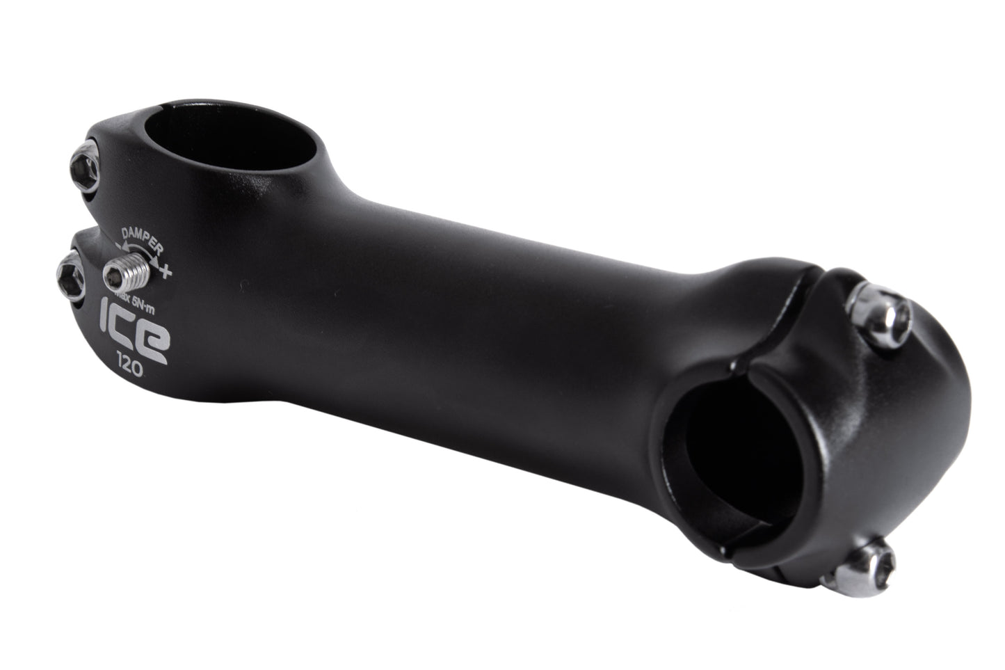 Vorbau von ICE 120mm mit Klemmschraube für Lenkungsdämpfung auf beiden Seiten. Ansicht diagonal.