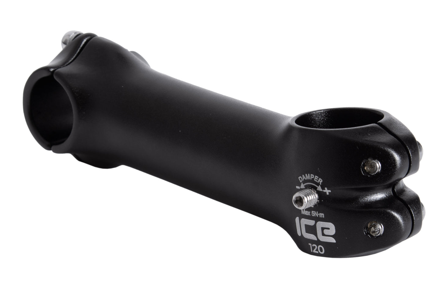 Vorbau von ICE 120mm mit Klemmschraube für Lenkungsdämpfung auf beiden Seiten. Ansicht diagonal.