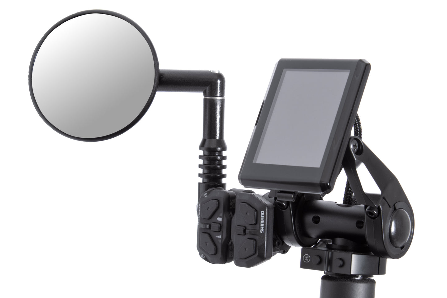 Zubehörhalter Displayhalter von ICE, montiert am Liegedreirad Lenker inklusive Spiegel und Display, Ansicht vorn