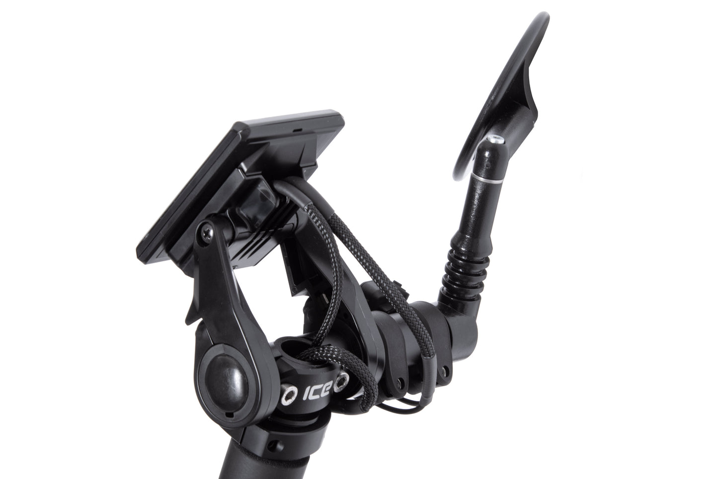 Zubehörhalter Displayhalter von ICE, montiert am Liegedreirad Lenker inklusive Spiegel und Display, Ansicht hinten