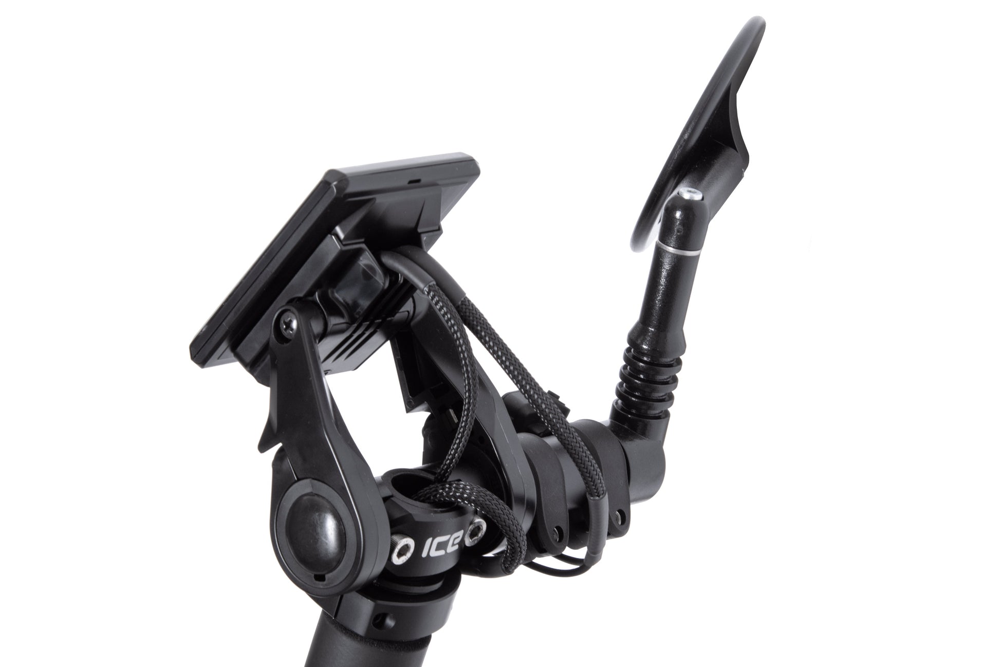 Zubehörhalter Displayhalter von ICE, montiert am Liegedreirad Lenker inklusive Spiegel und Display, Ansicht hinten