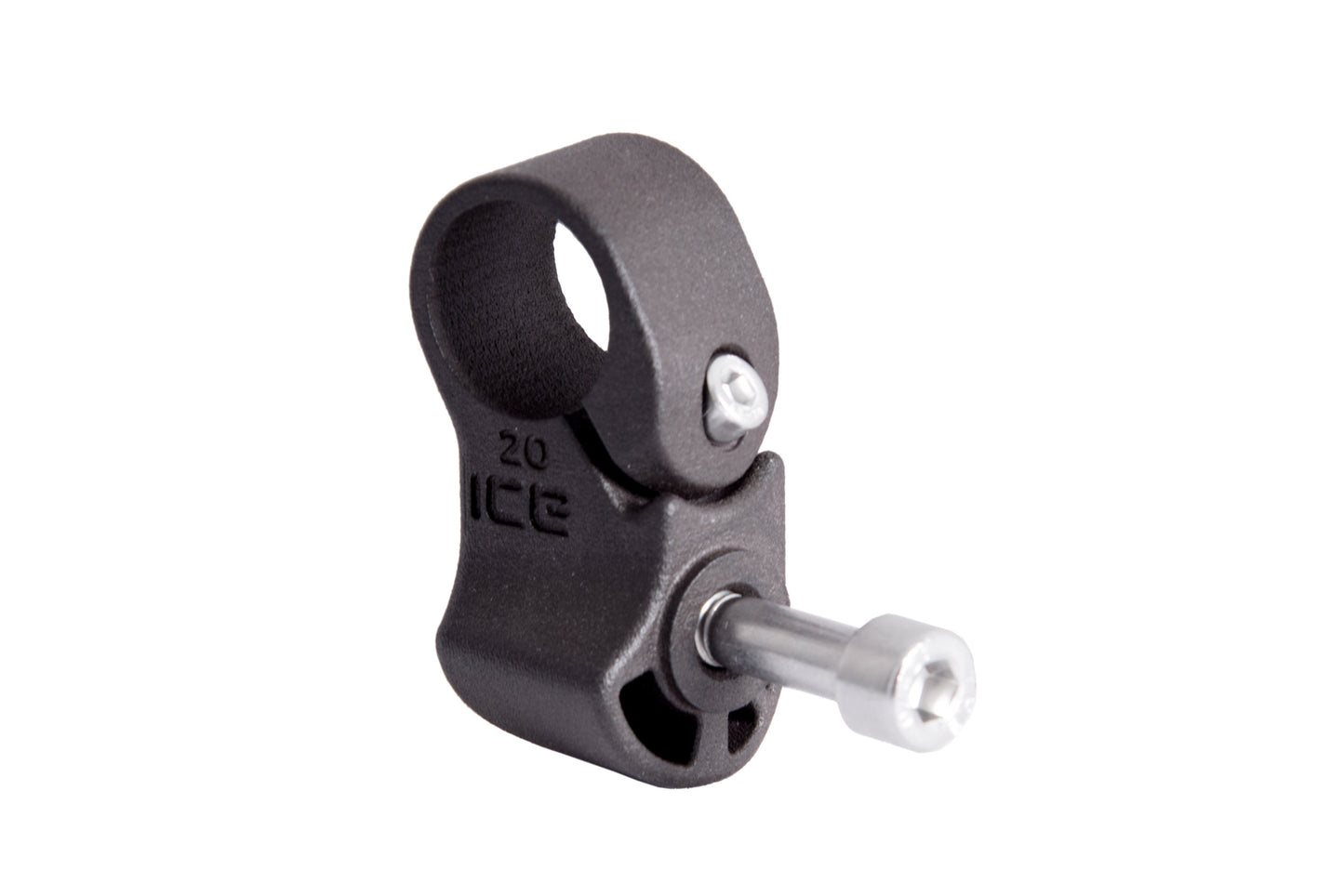 Klemmschelle von ICE zur Montage des Kettenspanners am 20 Zoll Hinterbau. Ansicht diagonal seitlich.