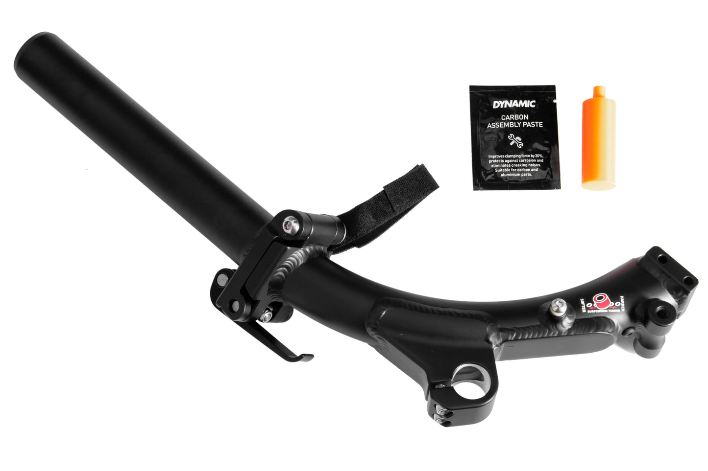 Rahmenrohr Hinterbau von ICE mit Faltgelenk und Aufnahme für Schwingenlagerung. Ansicht Lieferumfang komplett mit Bolzen und Montagepaste.