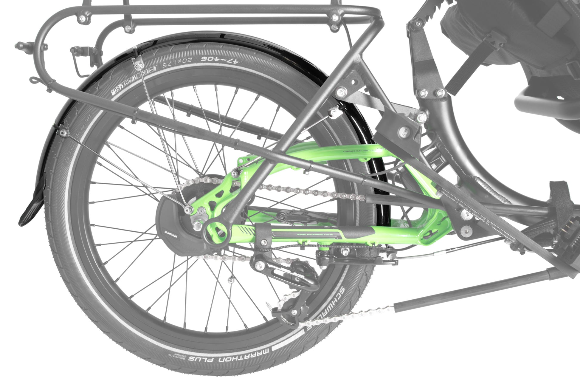 Schutzblech ICE Hinterrad 20 Zoll montiert am Liegedreirad, Ansicht seitlch