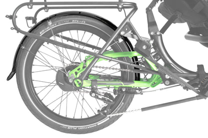 Schutzblech ICE Hinterrad 20 Zoll montiert am Liegedreirad, Ansicht seitlch