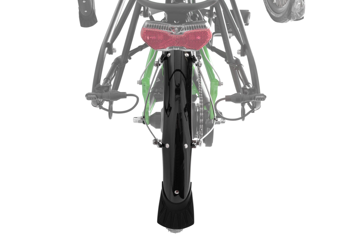 Schutzblech ICE Hinterrad 20 Zoll montiert am Liegedreirad, Ansicht von hinten