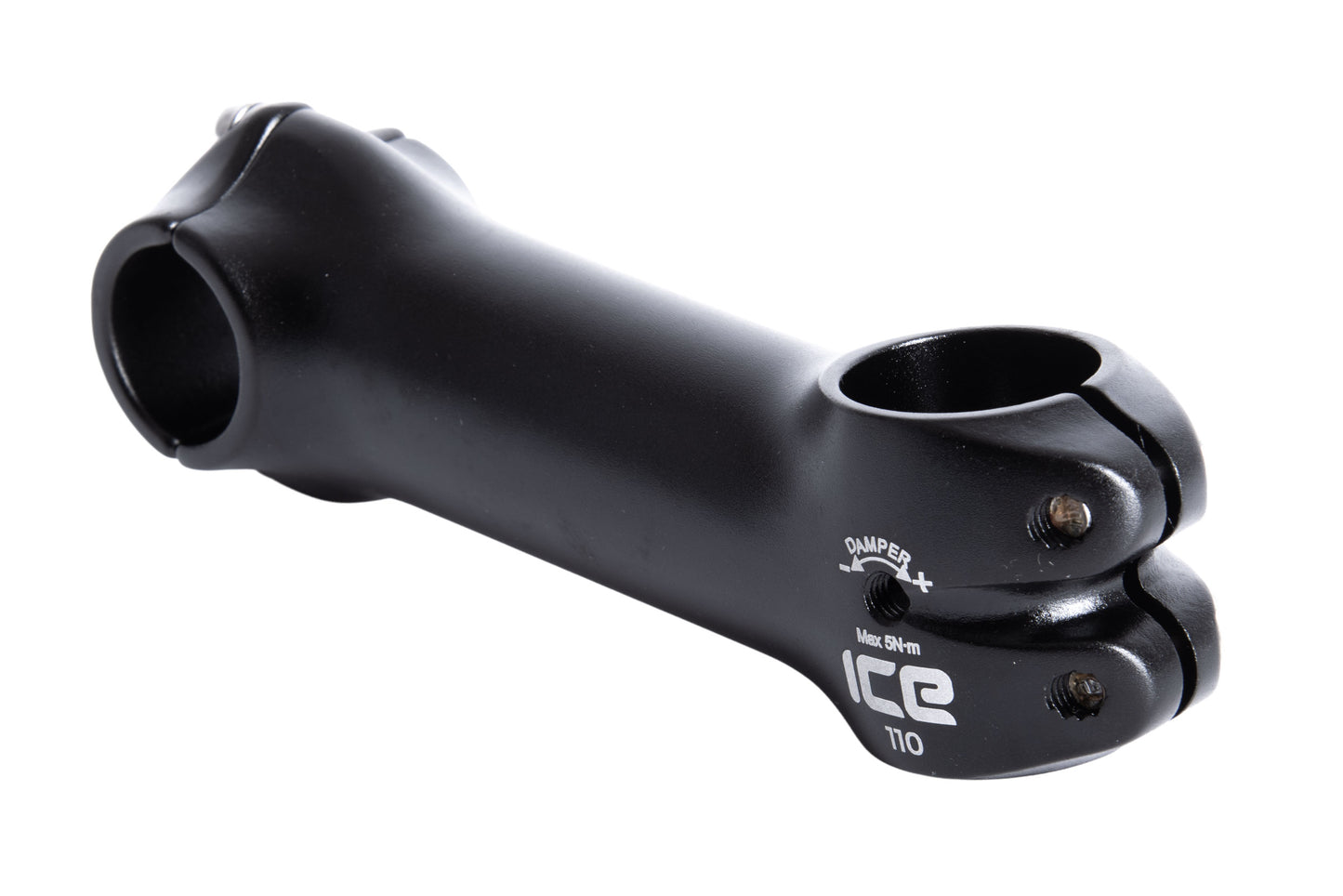 Vorbau von ICE 110mm mit Klemmschraube für Lenkungsdämpfung auf beiden Seiten. Ansicht diagonal.